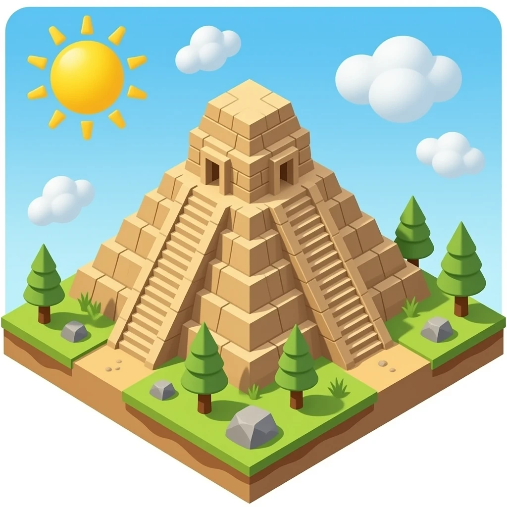 maya pyramid isometric view transparent background, skull rock carvings emoji