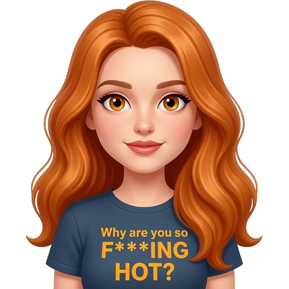 sexy girl with overlong ginger hair and ginger eyes a top with Why are you so F***ING HOT? written on it emoji