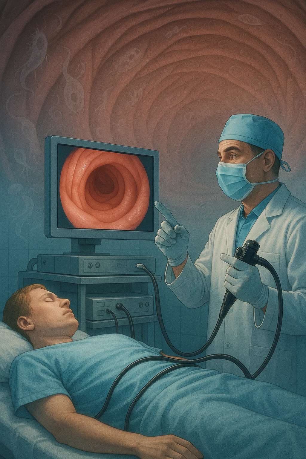 A medical cinematic illustration showing a patient undergoing a colonoscopy in a modern clinical setting. On the monitor, the endoscopic camera shows smooth, healthy-looking intestinal mucosa — clean and without evidentiary signs. But layered symbolically in the background (or faded into the intestinal wall), tiny parasitic organisms like protozoa and helminths are subtly depicted hiding between folds, or embedded deeper in tissues, undetectable by the surface-only scope. The doctor gestures with confidence, while the patient remains unaware that the test might not reveal the true underlying infection. The scene has cool clinical lighting, shallow depth of field, and realistic anatomy, overlaid with symbolic, almost ghost-like imagery of parasites emoji