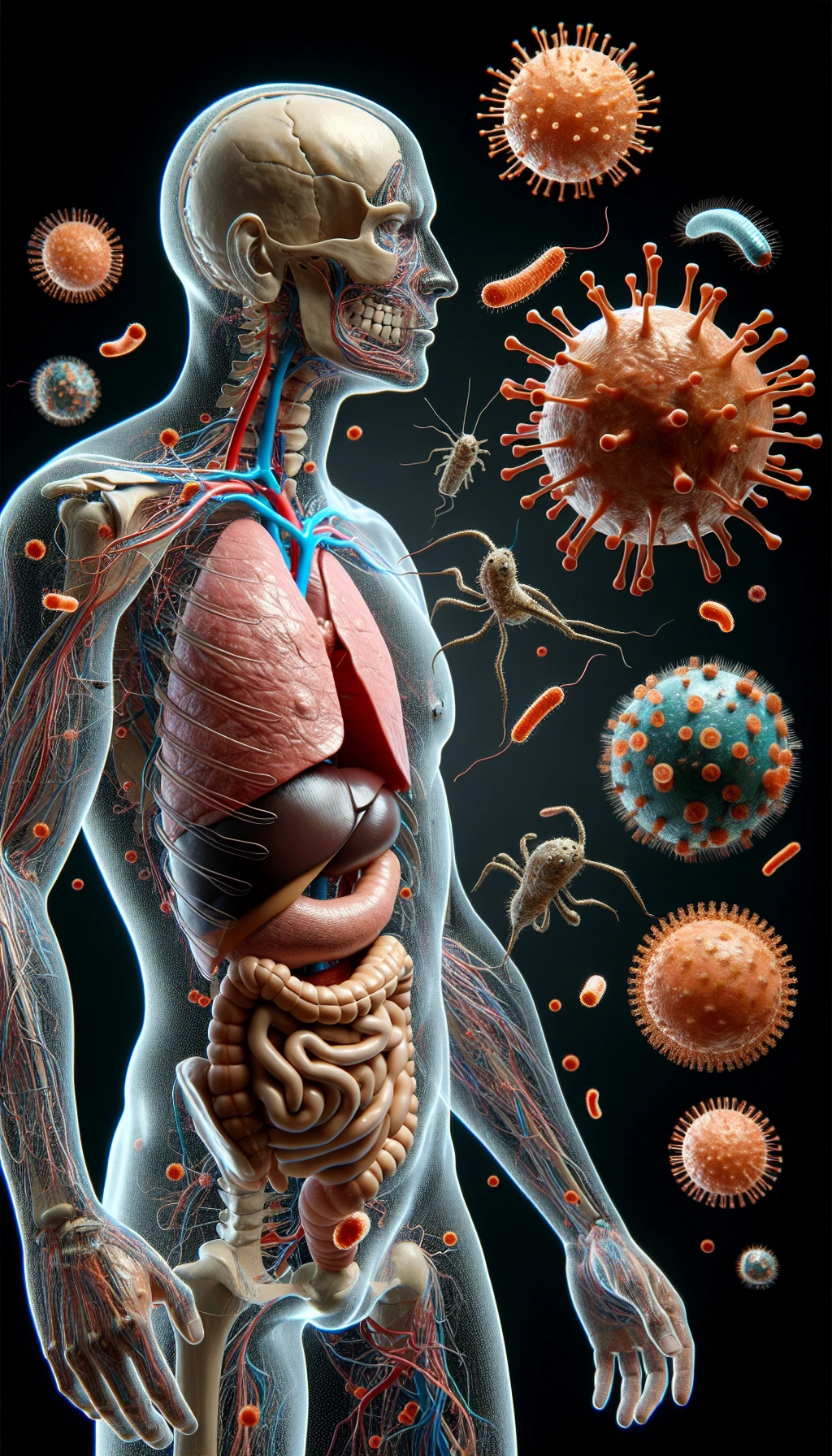 corpo umano anatomico di profilo con virus e parassiti che cercano di attaccarlo , isolato su sfondo bianco, iperrealistico 4k emoji