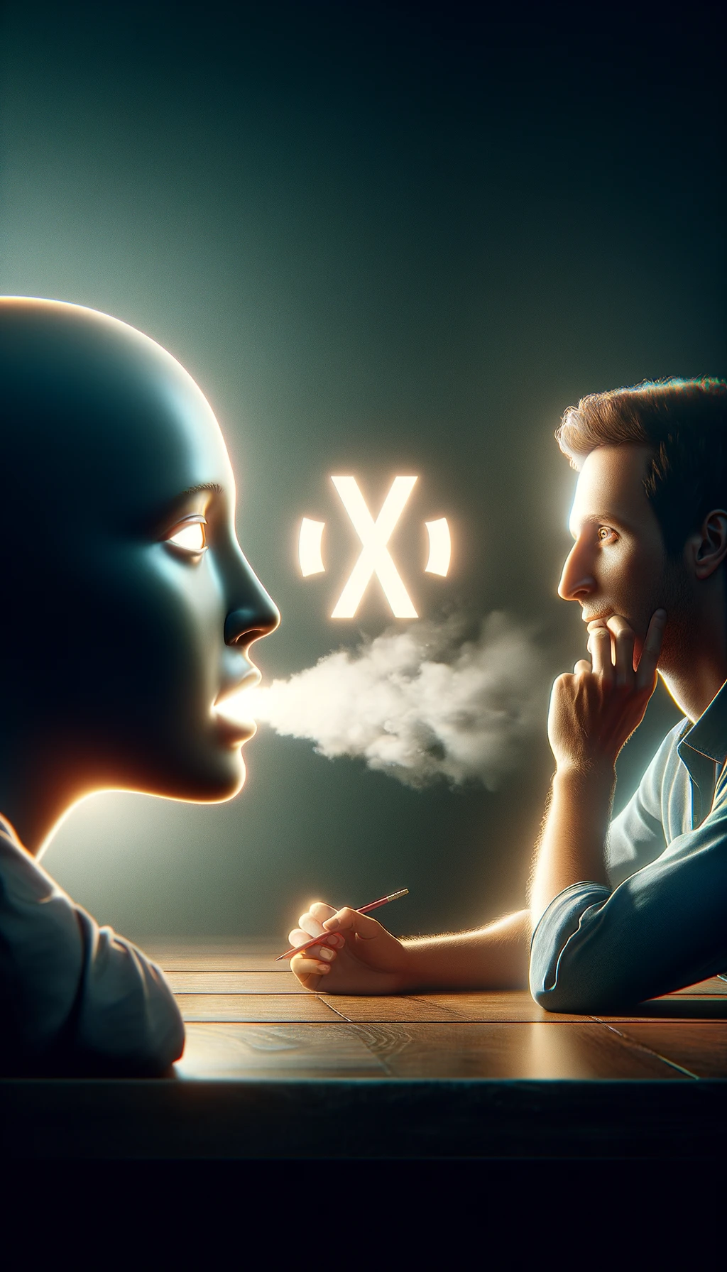 una persona parla ma sopra di lui c'è il simbolo "muto, un altra persona lo ascolta, immagine iperrealistica 4k emoji