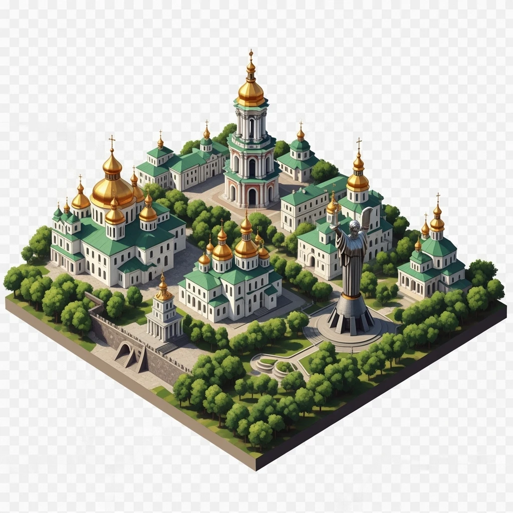 Isometric illustration of photorealistic Kyiv, balanced between paint stylized and realistic, 3D miniature effect, transparent background. emoji