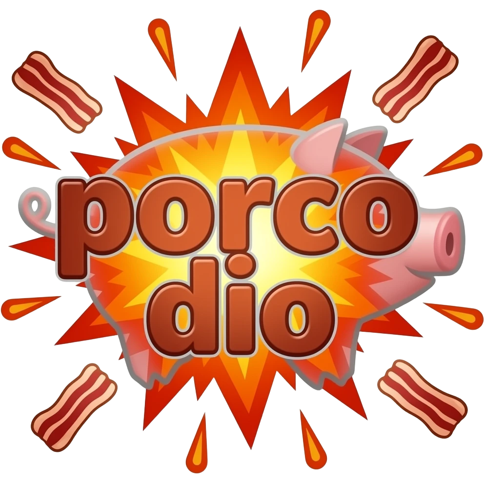 large font size text "porco dio" with a pig outline in the background, explosion centered, fire centered, bacon all over emoji