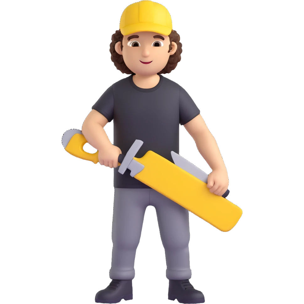 create a character with a saw, cute guy, curly, in a black t-shirt and a yellow cap, in 3d emoji