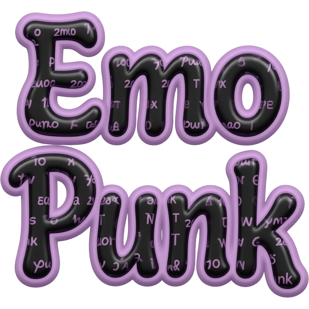Exact words "Emo Punk" in black typography Girly lettering, filled with an emo punk y2k 2000's repeated pattern, in an emo color scheme,  3d render, 8k. Must have no emoji icons, must have no emoji faces  emoji