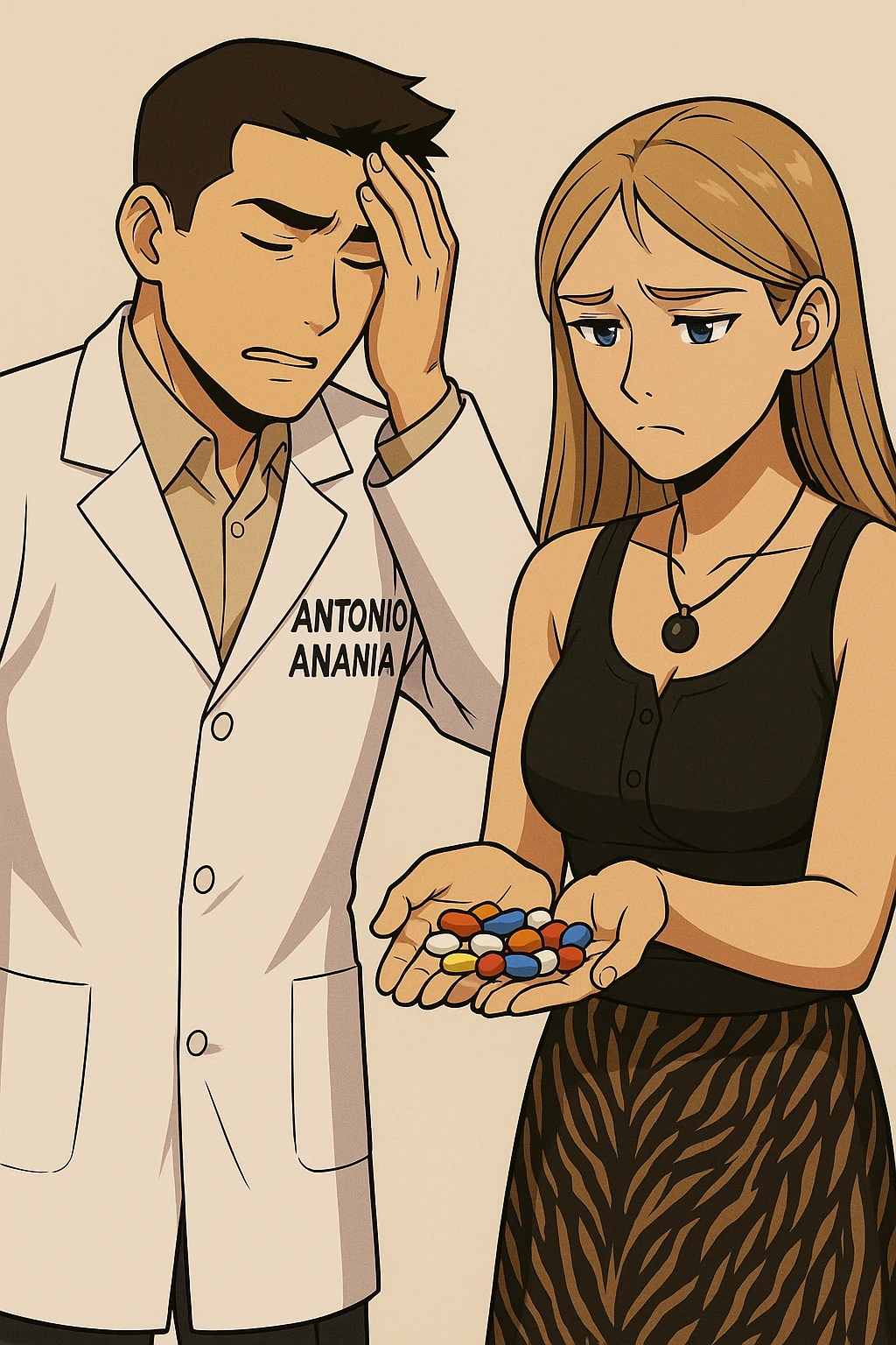 fai un webtoon/manga a colori con questo kinesiologo in camice bianco (fagli la scritta "ANTONIO ANANIA" SUL CAMICE) CHE PARLA CON QUESTA RAGAZZA CON GLI OCCHI AZZURRI. LA RAGAZZA HA UN PUGNO DI INTEGRATORI IN MANO (TANTE PILLOLE DIVERSE) E LE GUARDA DUBBIOSA. IL KINESIOLOGO CON IL CAMICE BIANCO SI TIENE UNA MANO SULLA FRONTE SCONFORTATO MENTRE LE DICE CHE STA SBAGLIANDO A PRENDERE TUTTI QUEGLI INTEGRATORI. NON FARE I FUMETTI, FAI SOLO LORO COME SE DIALOGASSERO emoji