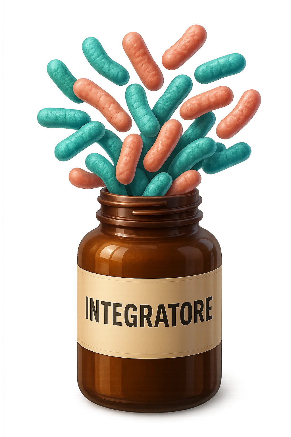 EMOJI STILE IPHONE DI boccetta di integratore con la scritta "INTEGRATORE" SULL'ETICHETTA, con batteri intestinali turchesi e rosa salmone che escono, IPERREALISTICO 4K emoji