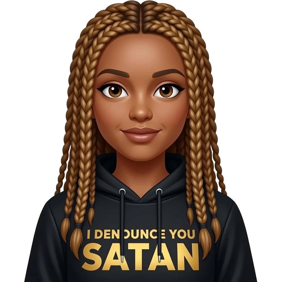 Light skin African American woman with long golden brown box braids wearing a black hoodie that says I DENOUNCE YOU SATAN in bold gold letters emoji