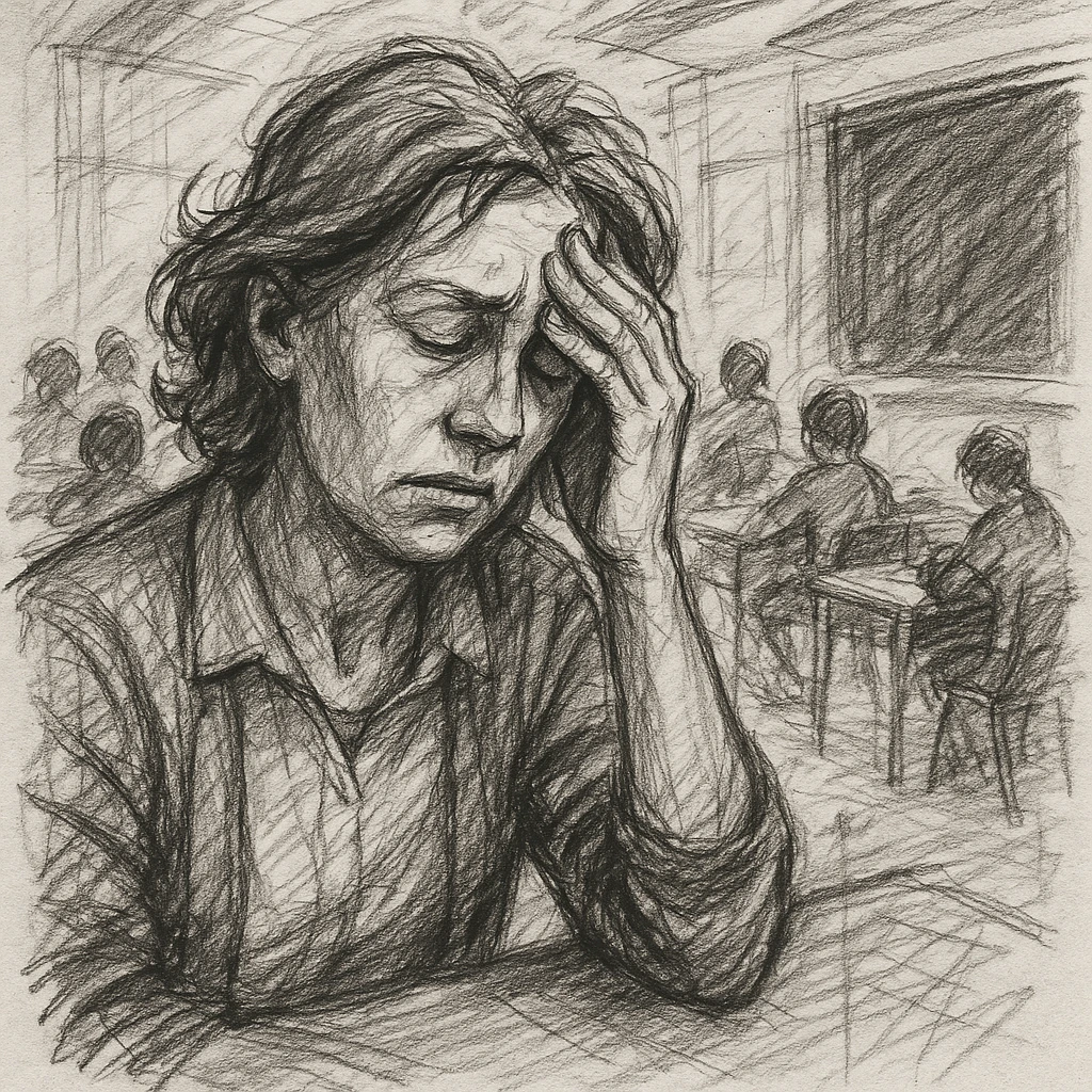 exhausted teacher in a bustling classroom emoji