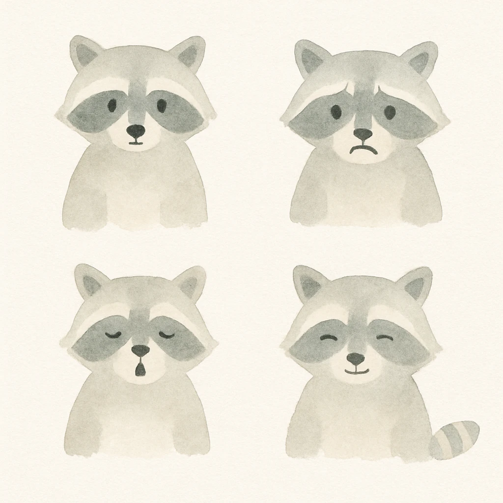 A set of emotions featuring a painted raccoon emoji