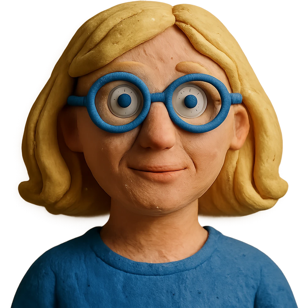 claymation style blonde 40 year old woman with blue eyes and glasses emoji
