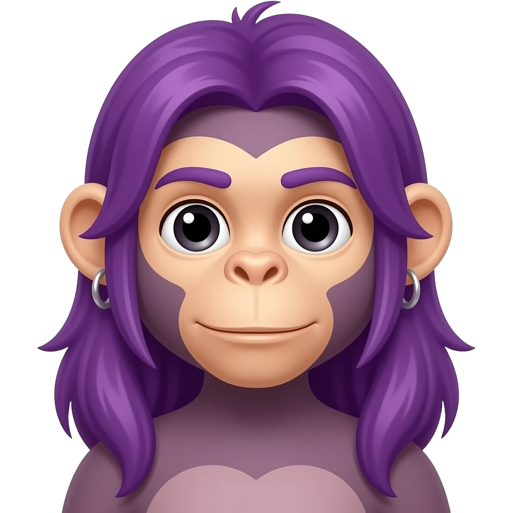 monkey with long purple hair and earrings face front emoji