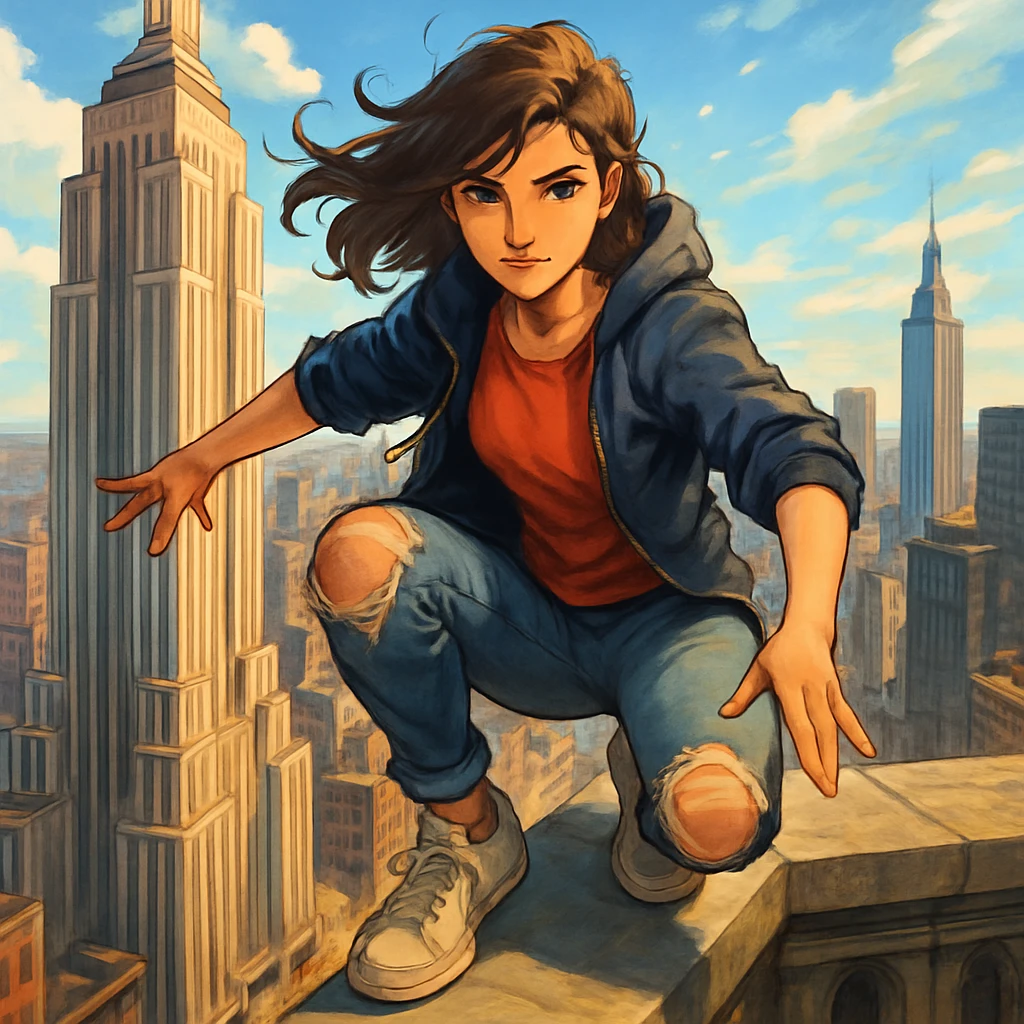 a confident girl squatting on the Empire State Building, urban setting, energetic pose emoji