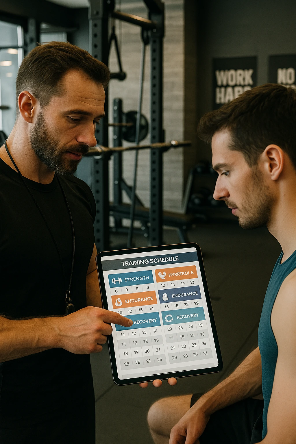 realistic cinematic photo a personal trainer and a client stand in a modern gym, reviewing a large, color-coded training calendar or chart on a tablet. The calendar shows different phases (Forza, Ipertrofia, Resistenza, Recupero) with icons and dates. Around them, gym equipment and motivational posters reinforce the idea of structured, periodized training. in italiano emoji