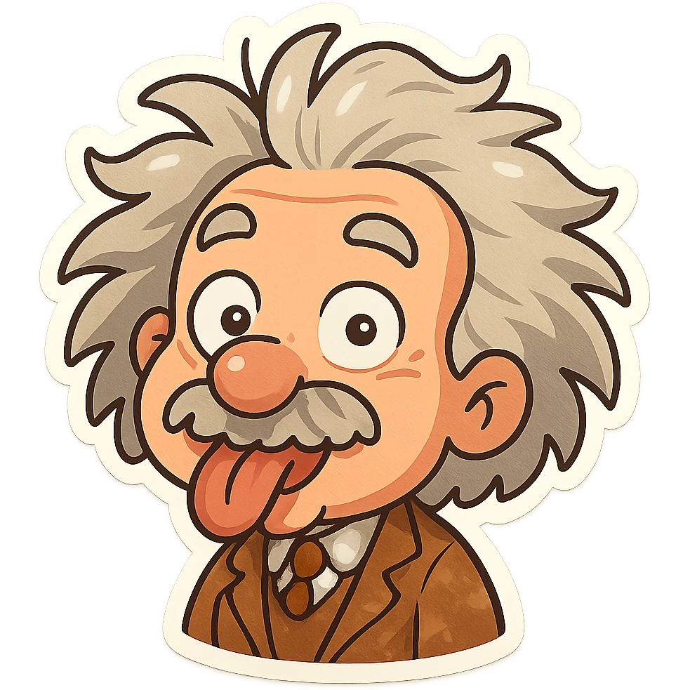 Albert Einstein with a zany, silly face, wild hair, playful expression, cartoon style, vibrant colors, exaggerated features emoji