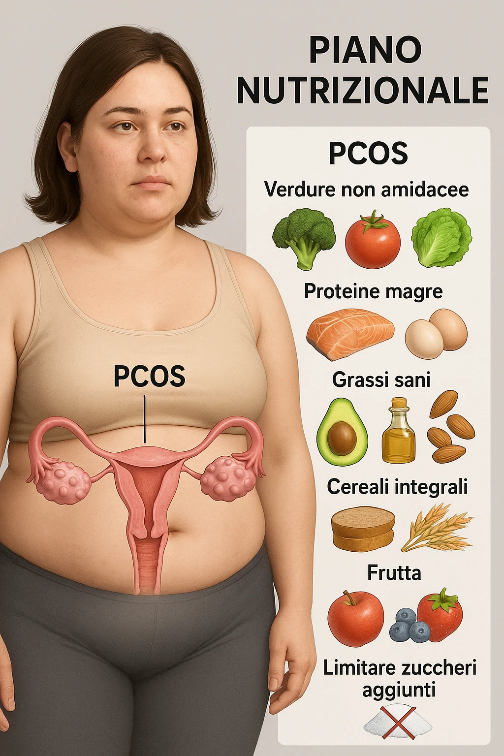 donna con un piano nutrizionale  in 3D immagine medica donna pcos in italiano  emoji