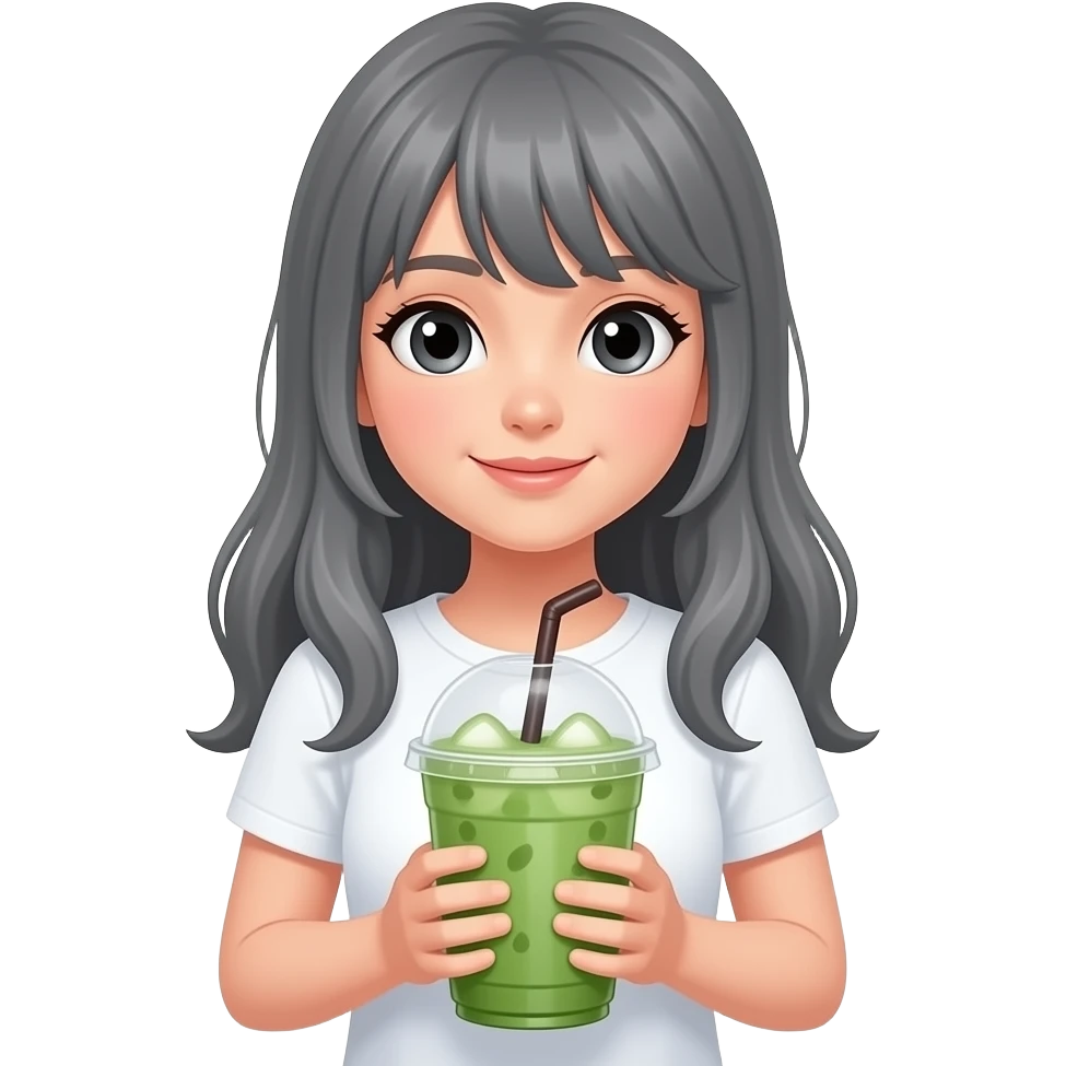 beautifulblackeyedgirl-long-gray-hair-white-tshirt-holding-large-iced matcha,-fov-90-degrees,-short-lighting,-l-usm,-cold-colors,-gilded-technique,-extremely-hyper-aesthetic,-absurdres emoji