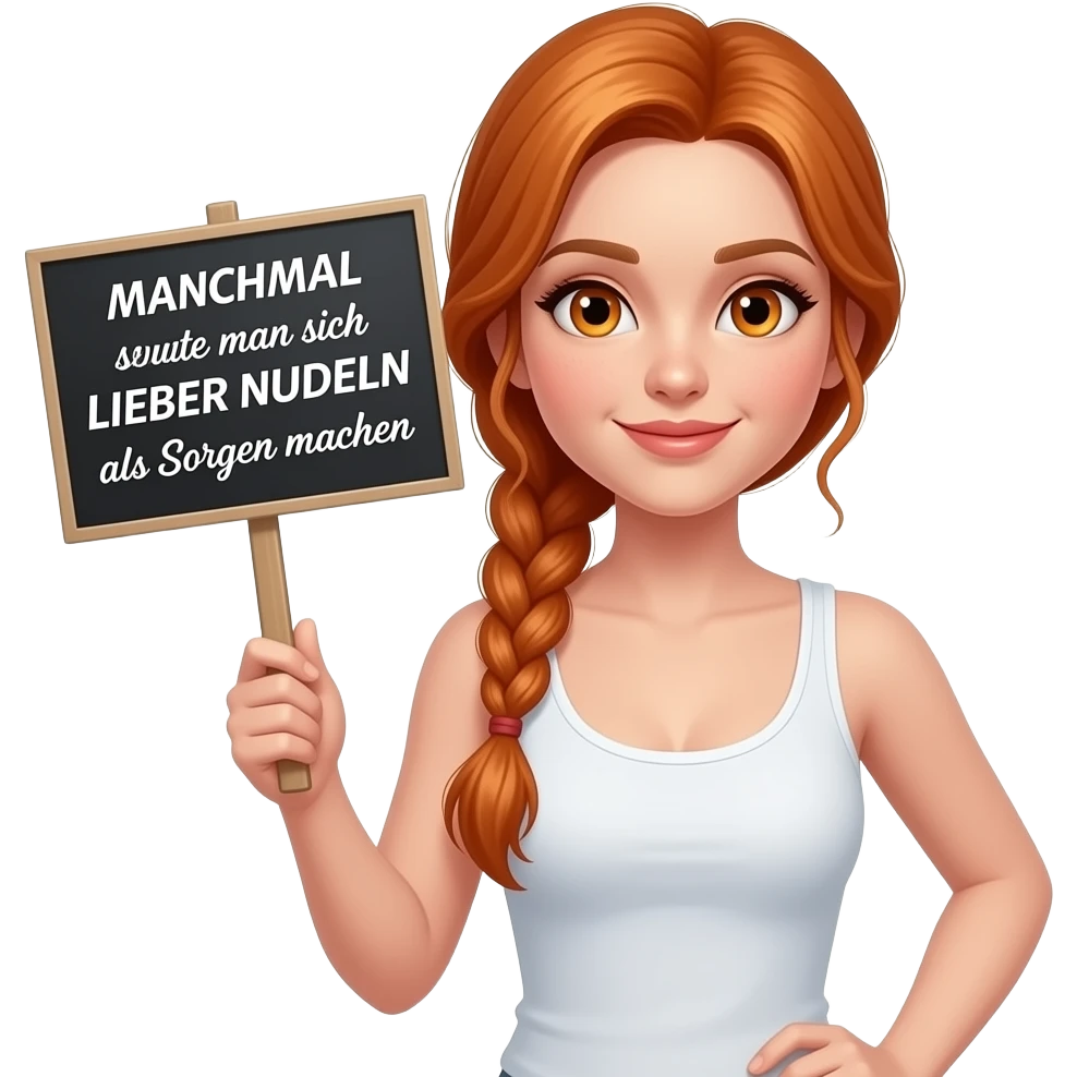 sexy girl with long ginger braids and ginger eyes wearing a white tanktop is holding a black sign with MANCHMAL sollte man sich LIEBER NUDELN als Sorgen machen written on it emoji