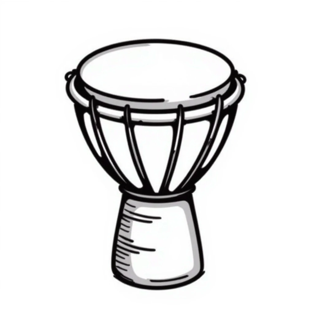 hand-drawn doodle style djembe drum, sketchy lines, black and white emoji