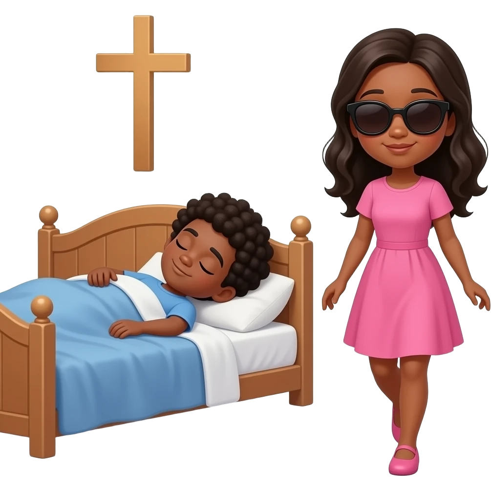 Are You Sleeping At The Church One boy Afro Hair Dark Skin is sleeping the bed and one girl dark skin long hair And Sunglasses And Pink Dress Is Walking up the boy emoji