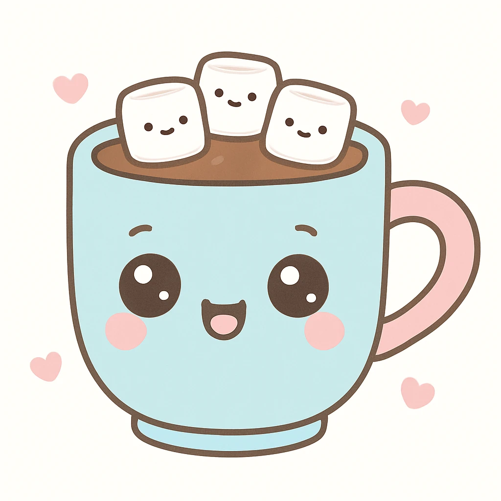 kawaii style hot chocolate mug with a cozy face, marshmallows, and a heart-shaped handle emoji