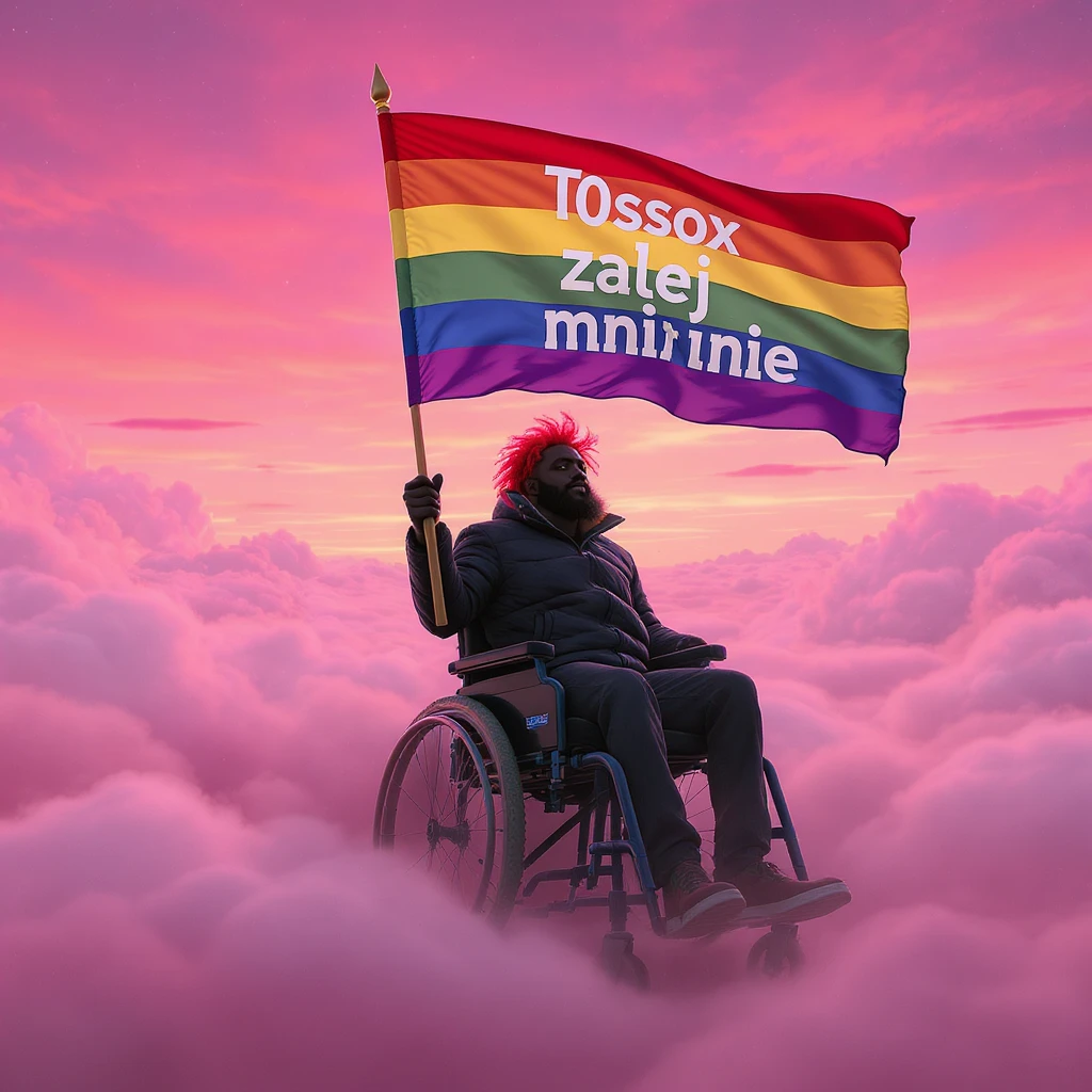 Black man with red hair sitting on wheelchair holding lgbt flag holding text "T0ssox zalej mnie" pink clouds around, pink sky with pink back light emoji