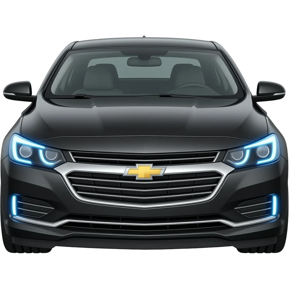 A realistic 3D emoji of a glossy black Chevrolet Malibu Premier, blackout limousine tint windows, gloss black alloy rims, ice blue LED headlights with a sharp glowing halo, high-detail, glossy finish, isolated on white background. emoji