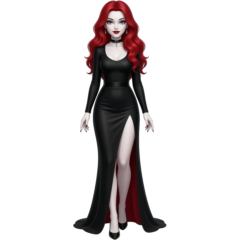 Vampiro femmina con pelle bianca e capelli lunghi rossi ondulati con una gonna lunga nera e un top attillante nero con maniche lunghe, tacchia alti e french nails classiche emoji