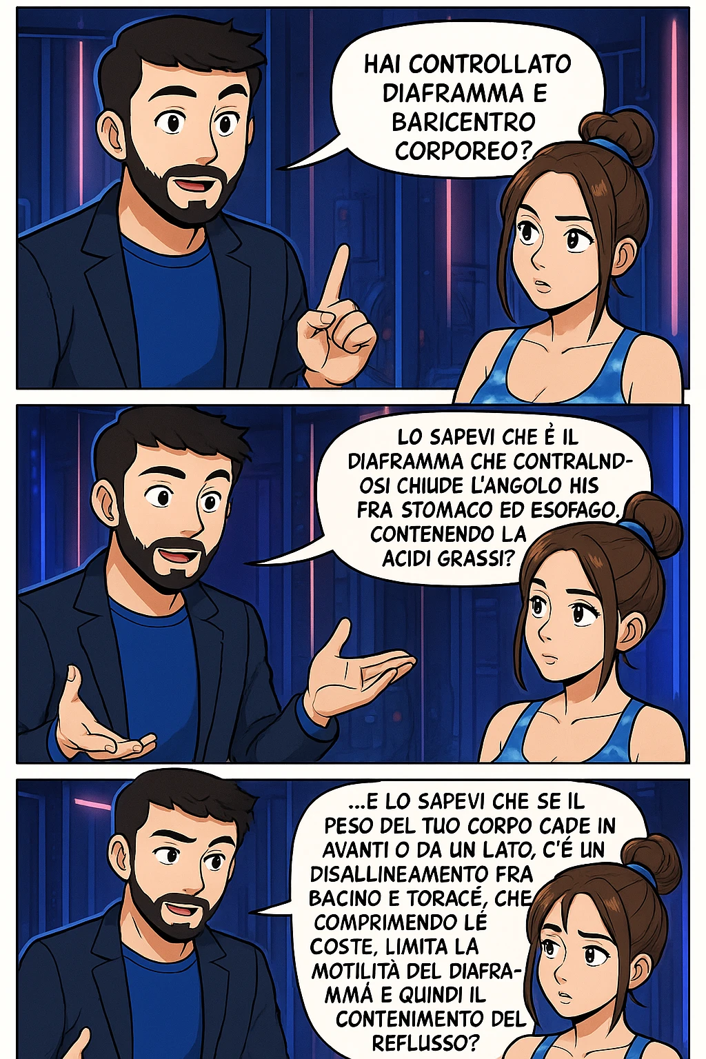 TRASFORMA QUESTO CAROSELLO IN UN FUMETTO STILE WEBTOON/MANGA A COLORI CON QUESTE DUE PERSONE IDENTICHE CHE INTERLOQUISCONO TRA LORO, L'uomo sta spiegando alla donna questo concetto:

LUI (UOMO): Hai controllato diaframma e baricentro corporeo?
LUI (UOMO): Lo sapevi che è il diaframma che contraendosi chiude l’angolo his fra stomaco ed esofago, contenendo la risalita degli acidi grassi?
LUI (UOMO): …e lo sapevi che se il peso del tuo corpo cade in avanti o da un lato, c’è un disallineamento fra bacino e torace, che comprimendo le coste, limita la motilità del diaframma e quindi il contenimento del reflusso? emoji