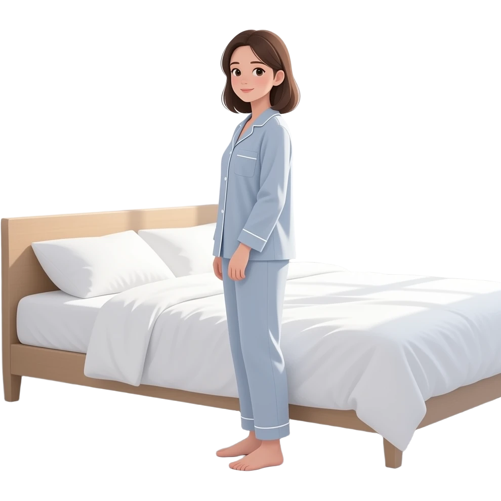 girl stands near bed in pijamas, she just woke up, theres is sun behind her emoji