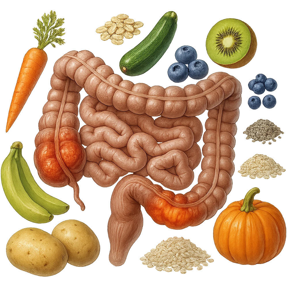 intestino umano anatomico infiammato con carota, fiocchi di avena, zucchine, kiwi, mirtilli, semi di chia, patate, banane acerbe, zucca, riso che gli fluttuano dietro, iperrealistico 4k emoji