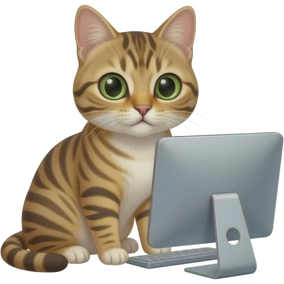 ((tortie cat short hair)) ((black paws nose)) ((green eyes)) working on computer emoji
