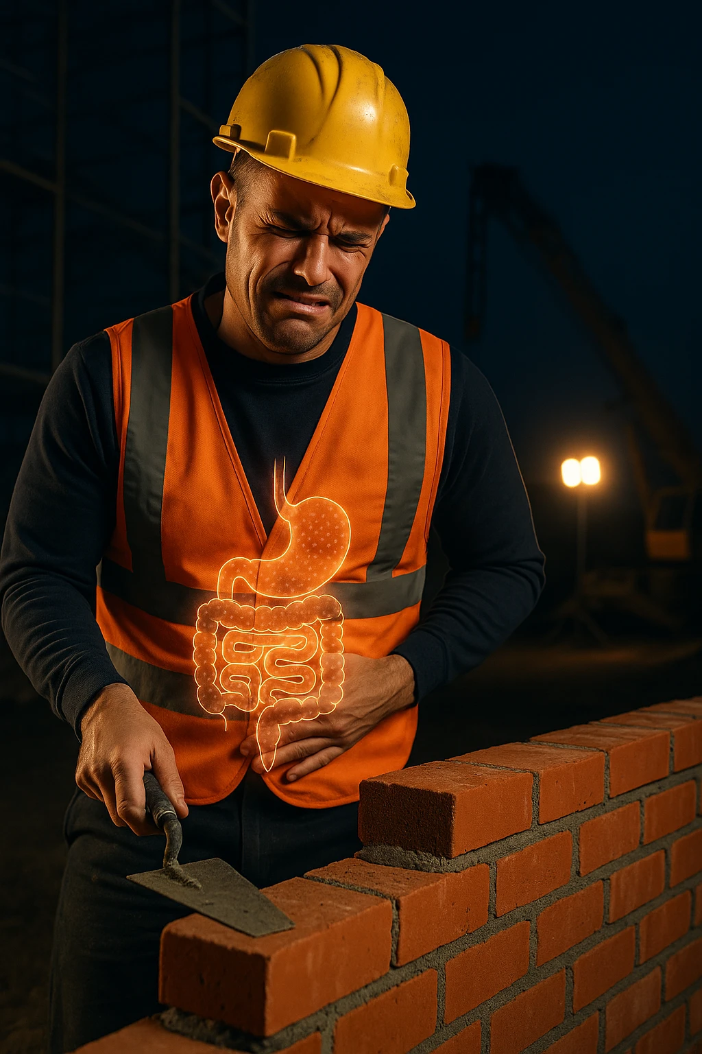 a construction worker in a reflective vest and hard hat is laying bricks at a nighttime construction site, illuminated by strong work lights. He pauses, one hand on his abdomen with a pained or uncomfortable expression, while the other holds a trowel. In the background, scaffolding and machinery are visible under the night sky. Subtle icons or overlays highlight digestive organs, suggesting the need for intestinal balance. emoji