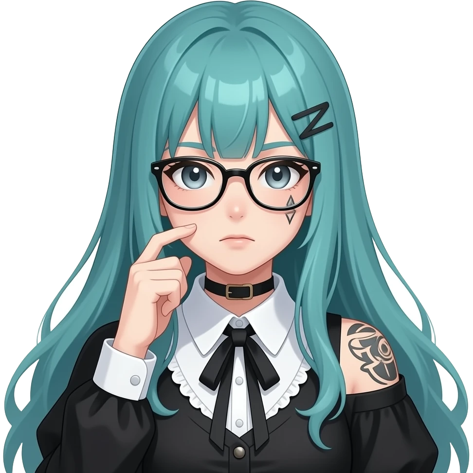 anime girl, thinking hard, glasses ,face tattoos, long flowing teal hair, grey eyes, black shoulder cyberpunk blouse with fancy white collar emoji