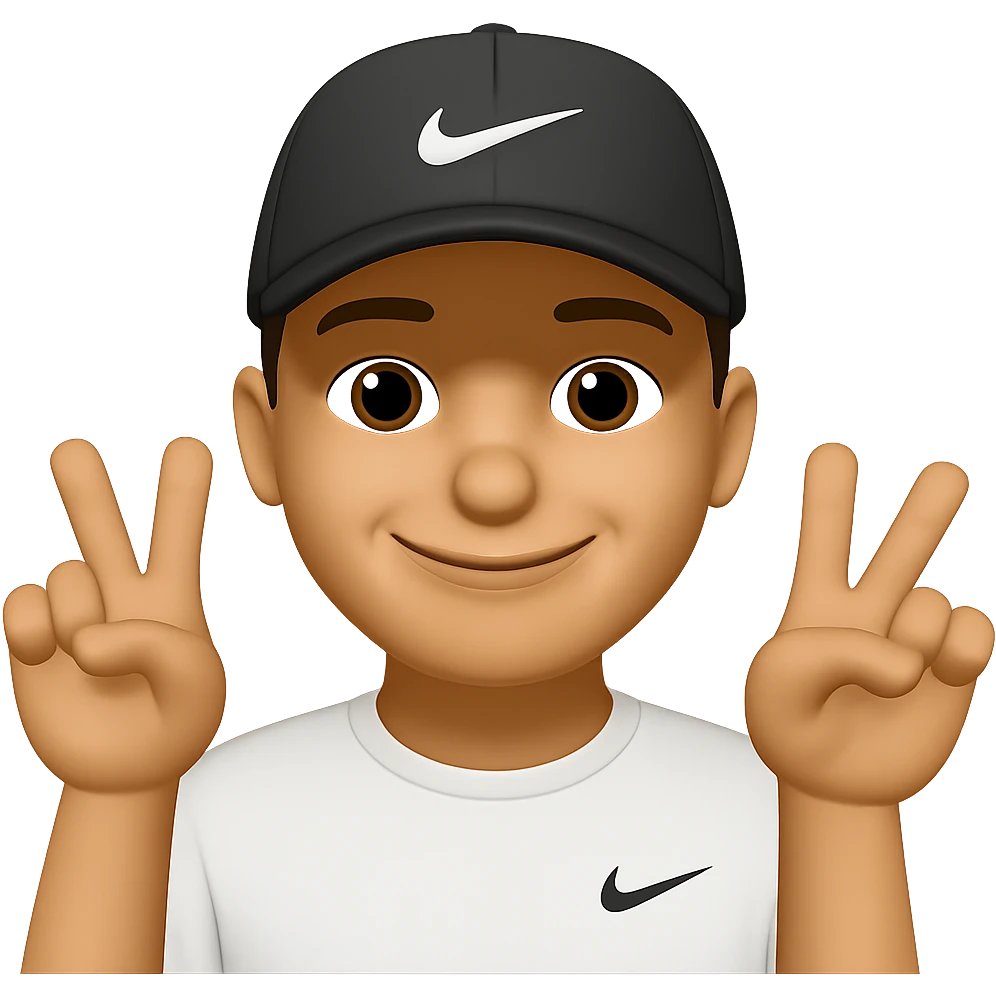A man smiling, wearing a Nike cap and a white shirt, making a peace and love sign with his hands. The image should have a transparent background. The style should resemble emoji style with simple and concise features. emoji