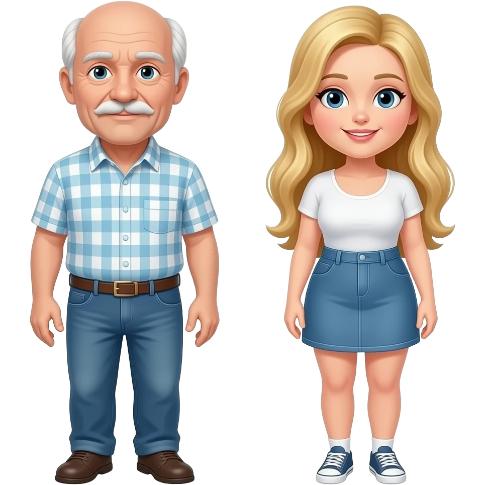 Full body Older man with skinny face balding on top with white hair and mustache with big breasted  blond girl emoji