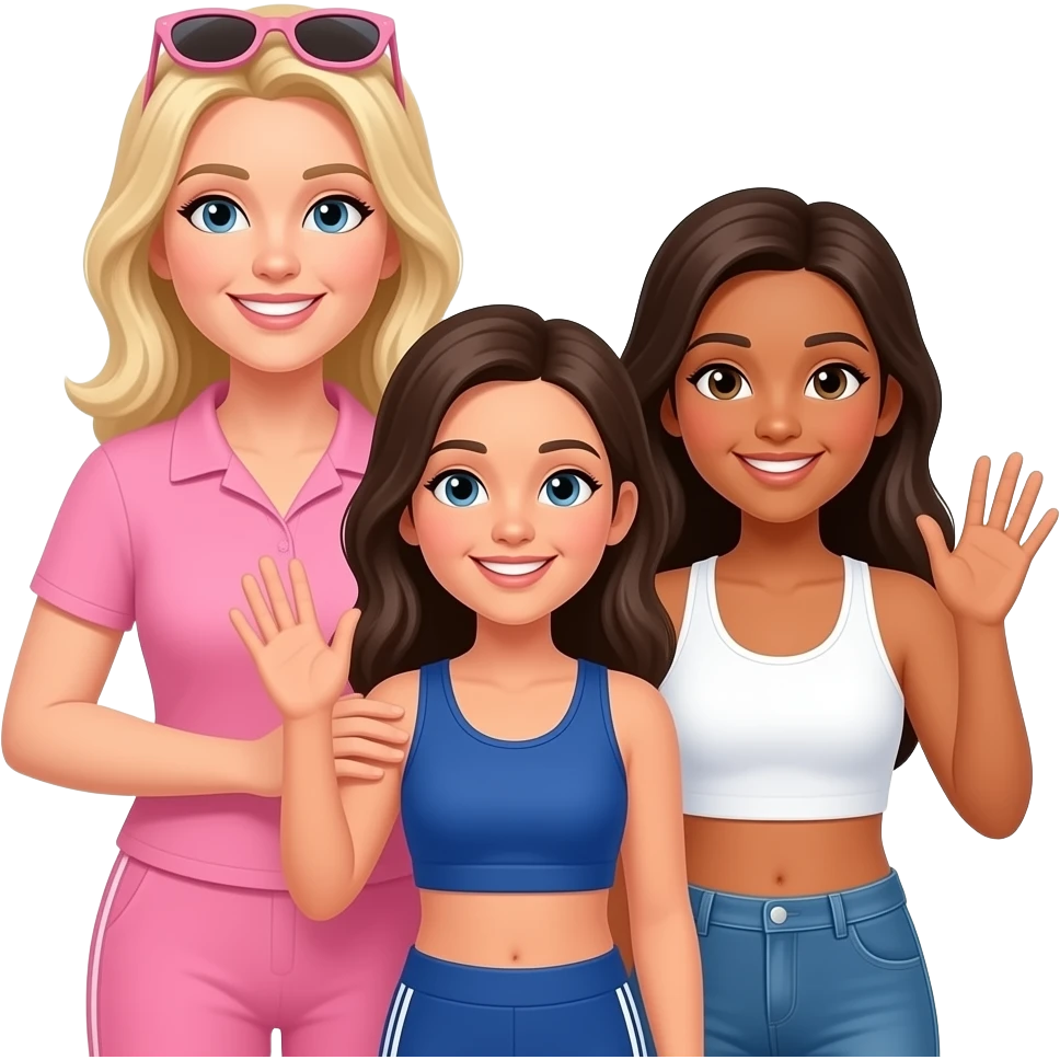 Long Blonde haired Caucasian Mum wearing pink and sunglasses on top of head, with one teenage dark haired daughter wearing cobolt gym top and slightly taller teenage dark haired teenage daughter wearing white halter neck top all smiling and waving emoji