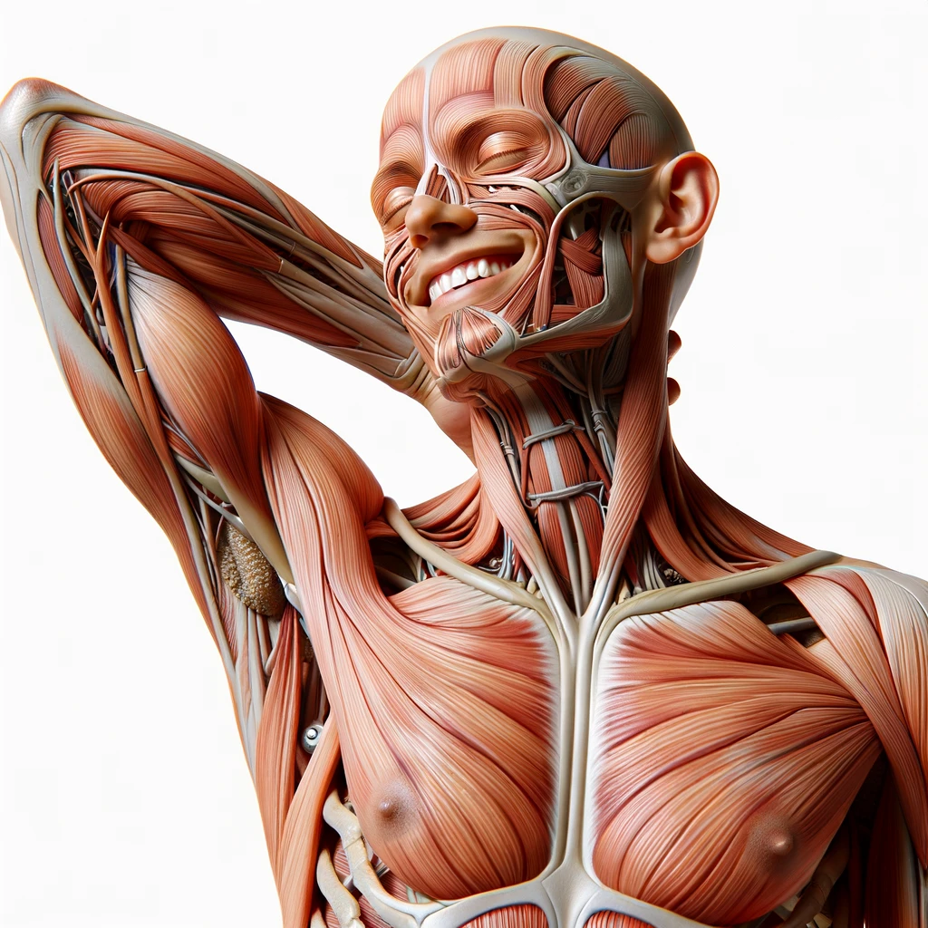 corpo umano anatomico a figura intera che sorride rilassato, iperrealistico 4k, isolato su sfondo bianco emoji