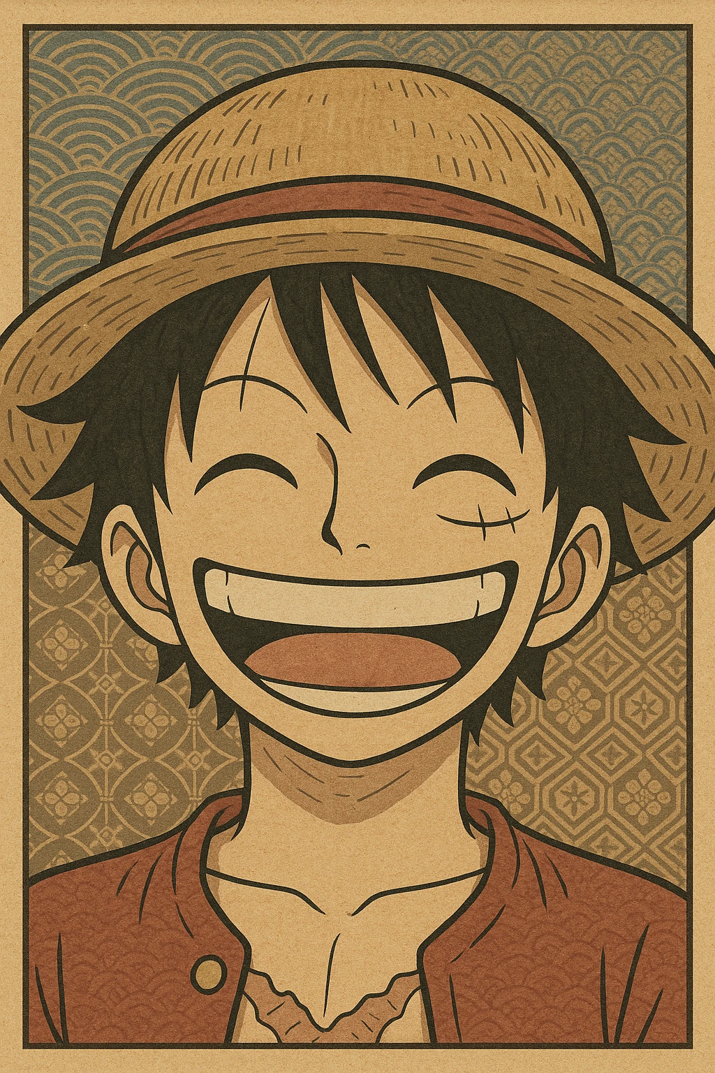 Luffy from One Piece, close-up face, big smile, straw hat, anime style emoji