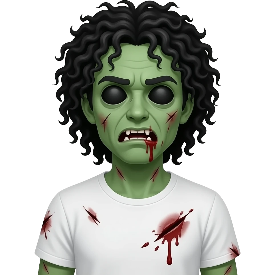 low quality, green skin zombie, all black eyes, black long curly 3c type hair, mouth slightly open with blood leaking out of mouth, wounds and cuts on zombie, white regular tee shirt emoji