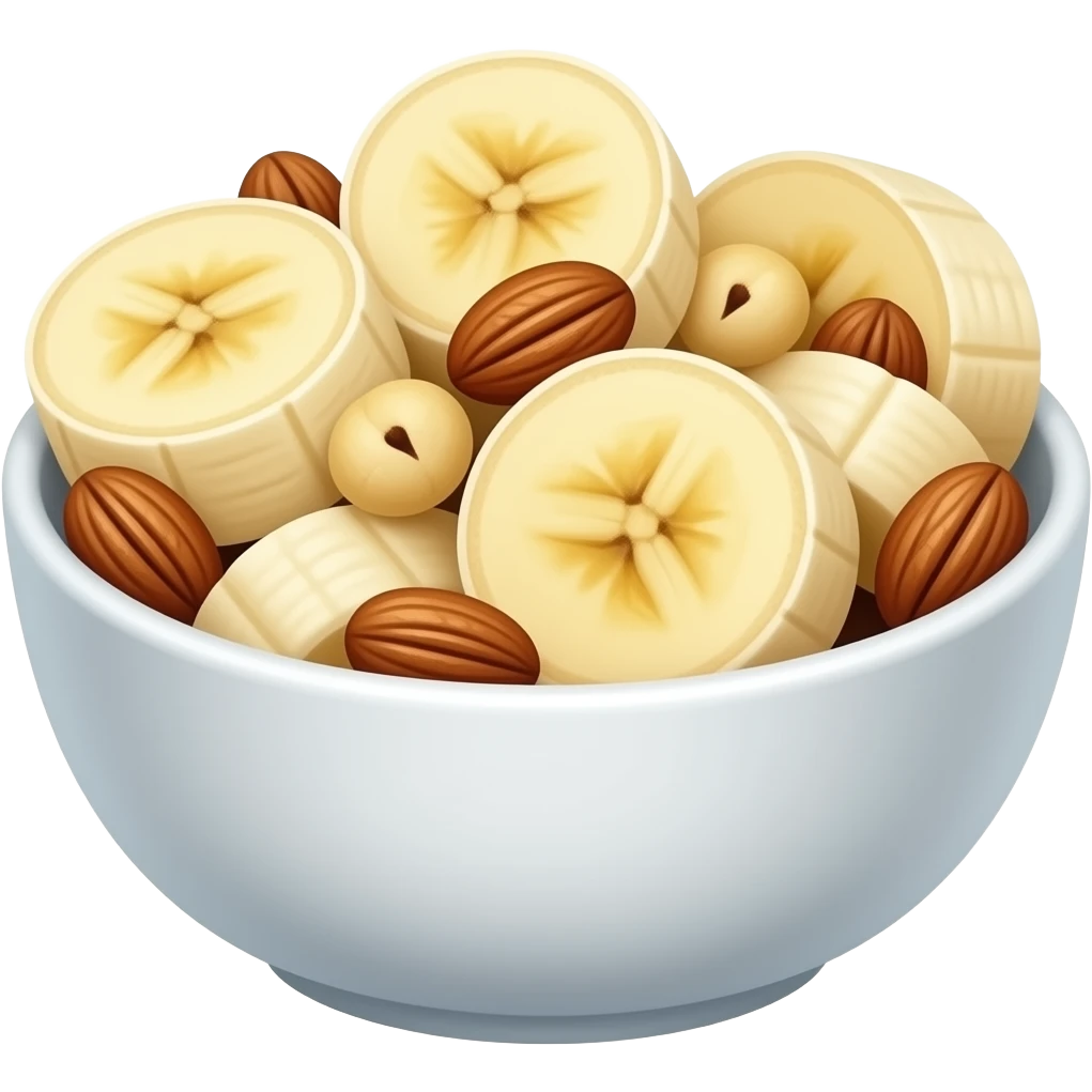 Bowl saludable Bowl blanco. Contenido: rodajas de banana + nueces. Estilo limpio, ligeramente brillante. Estilo emoji iphone emoji