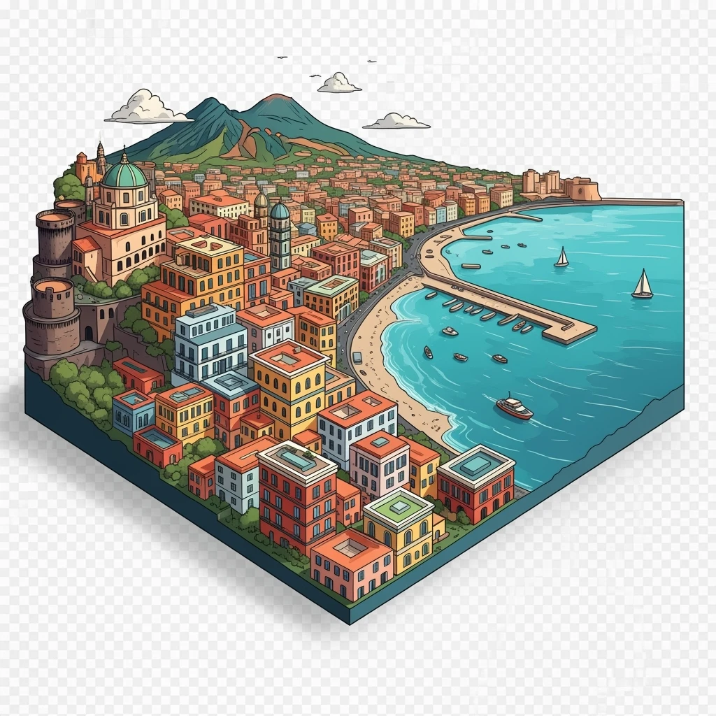 Isometric illustration of Naples, featuring colorful stacked coastal houses, highly detailed in semi-realistic style with sharp outlines, balanced between stylized and realistic, 3D miniature effect, transparent background. emoji