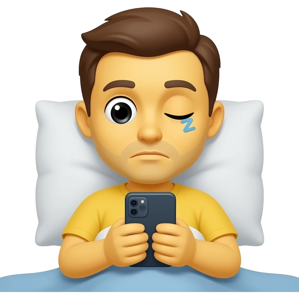 Yellow tired smiley reading phone messages in bed with one eye open sleepy expression emoji