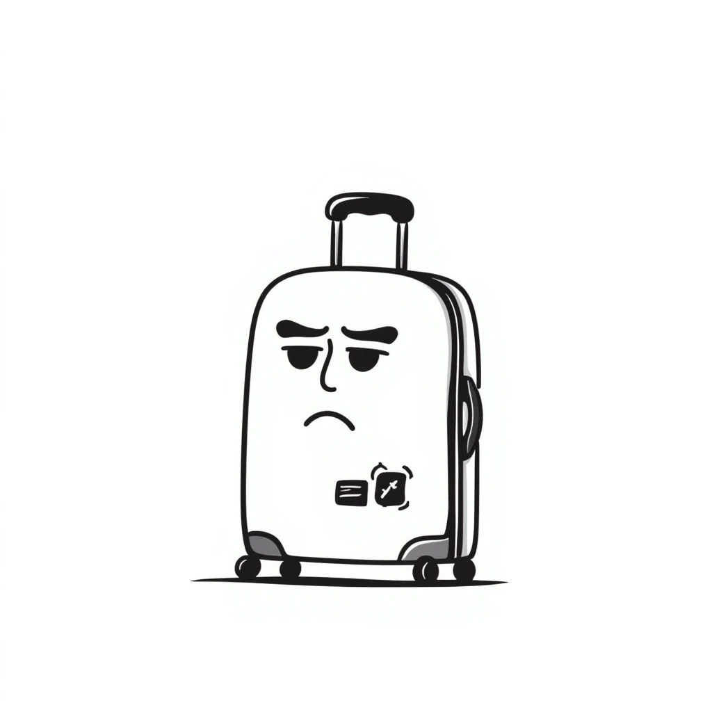 a black and white doodle style travel suitcase with an annoyed expression emoji