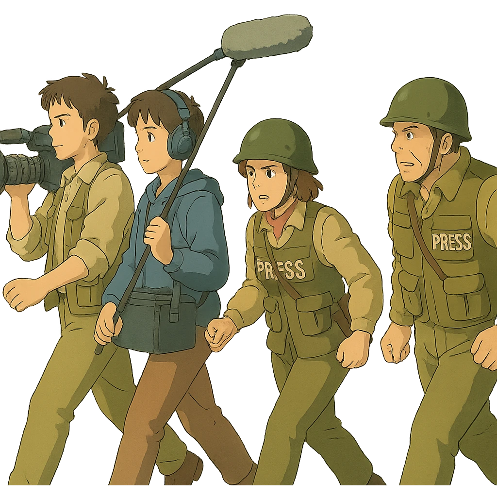 a flim crew, walking from left to right across frame: a cameraman, and a microphone operator, two people, war correspondents, tense moment emoji
