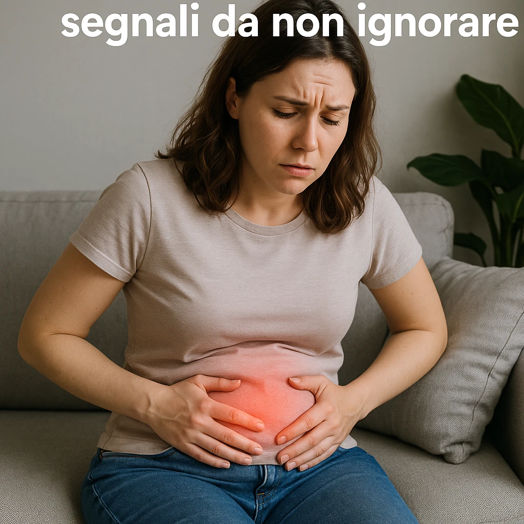 woman in casual clothing sitting on a sofa, bloated belly highlighted by red light, worried expression, Italian text: 'PCOS e pancia gonfia: segnali da non ignorare', 4K quality emoji