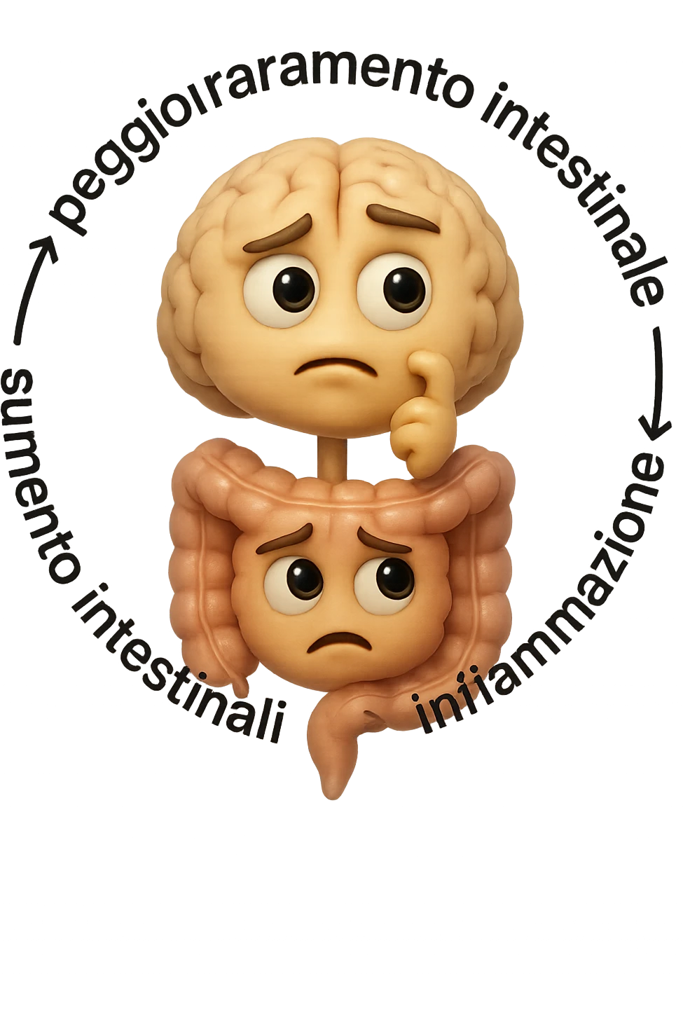 EMOJI STILE IPHONE 3D DI un cerchio con queste scritte che girano intorno "stress → peggioramento intestinale → aumento infiammazione → peggioramento sintomi intestinali e sistemici." al centro del cerchio metti un cervello e intestino umani collegati verticalmente con espressione dubbiosa in volto, FALLO MOLTO REALISTICO IN 3D emoji