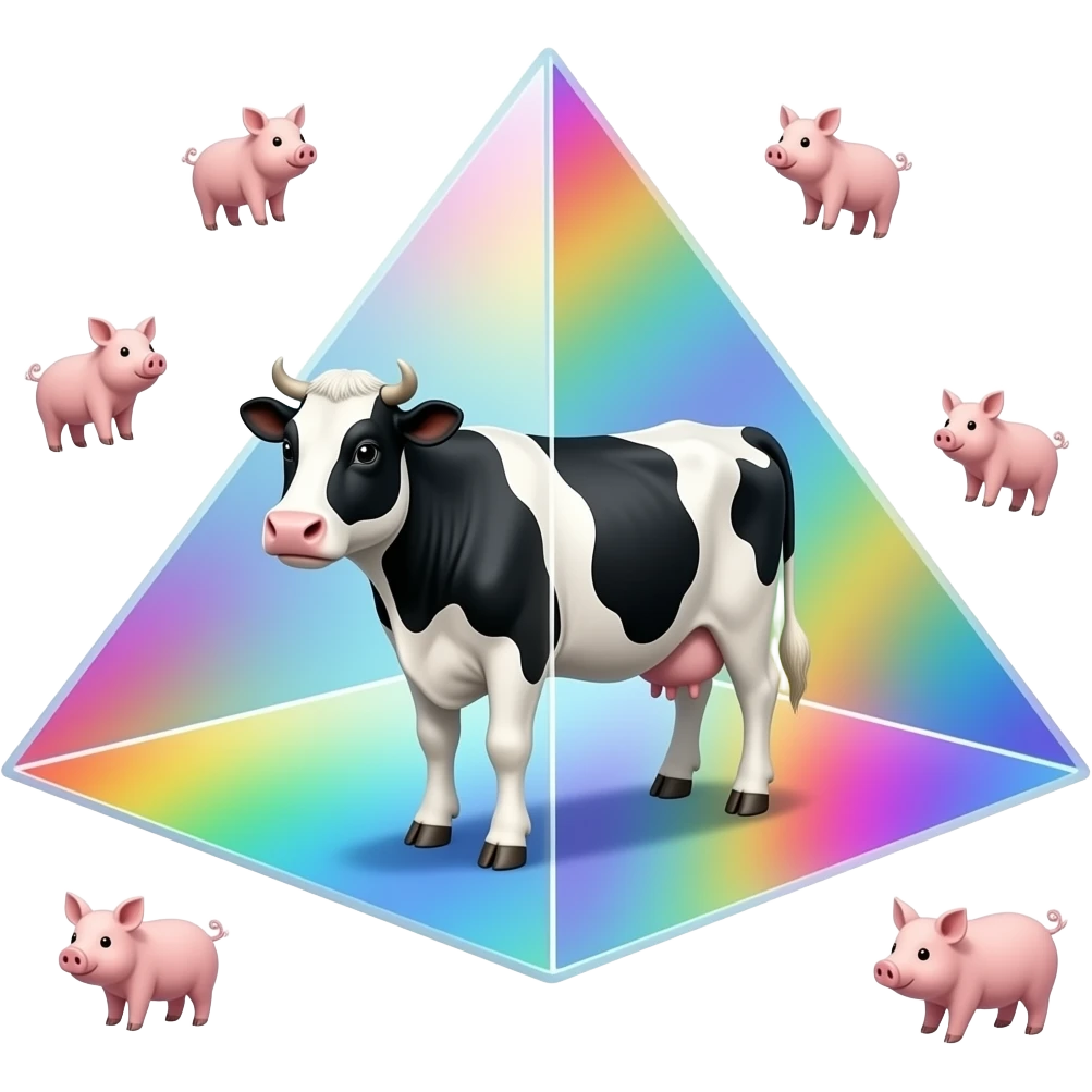 a black and white cow stands inside a glass pyramid floating in space and shining with rainbow colors, little pigs float around the pyramid emoji