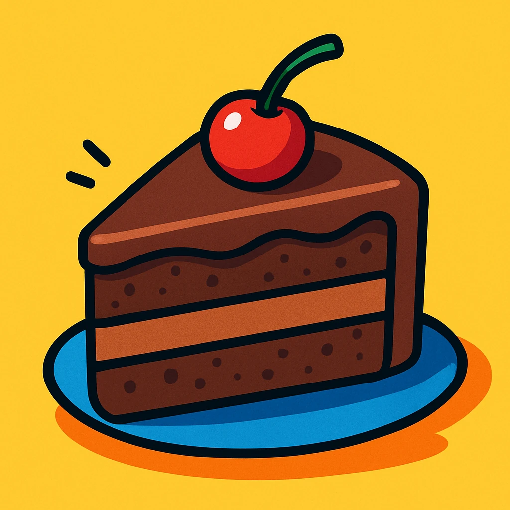 a slice of chocolate cake with a cherry on top, vibrant cartoon style emoji