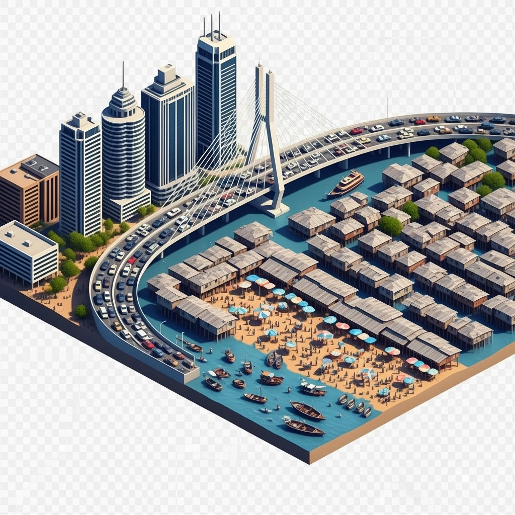 Isometric miniature of Lagos Lekki-Ikoyi Bridge, Eko Atlantic skyscrapers, Makoko slums, tin-roof shacks, chaotic markets, gridlocked traffic, 3D miniature effect and Tilt Shift effect, no cartoonish look, transparent background, don't cut angles emoji